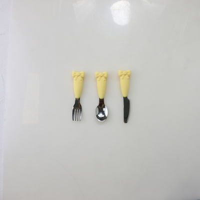 Bow Know 스테인레스 스틸 베이비 스푼 실리콘 손잡이 포크 나이프 수유 세트