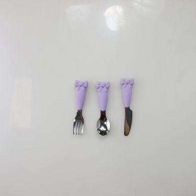 Bow Know 스테인레스 스틸 베이비 스푼 실리콘 손잡이 포크 나이프 수유 세트