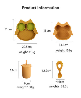 내구성이 뛰어난 부드러운 실리콘 식기 세트 올빼미 접시 그릇 숟가락 시피 컵 턱받이