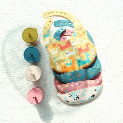 OEM 청소하기 쉬운 실리콘 베이비 비브 0-4 년 된 아기 먹이 인쇄 실리콘 비브 컵